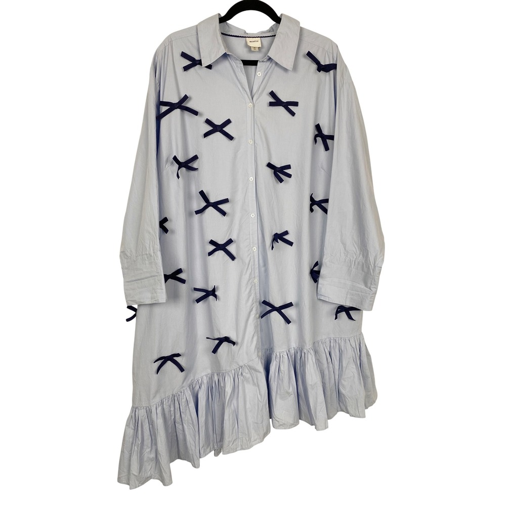 Maeve Anthropologie Bow Ruffle Asymmetrical Hem Shirtdress Women 2X Light Blue
